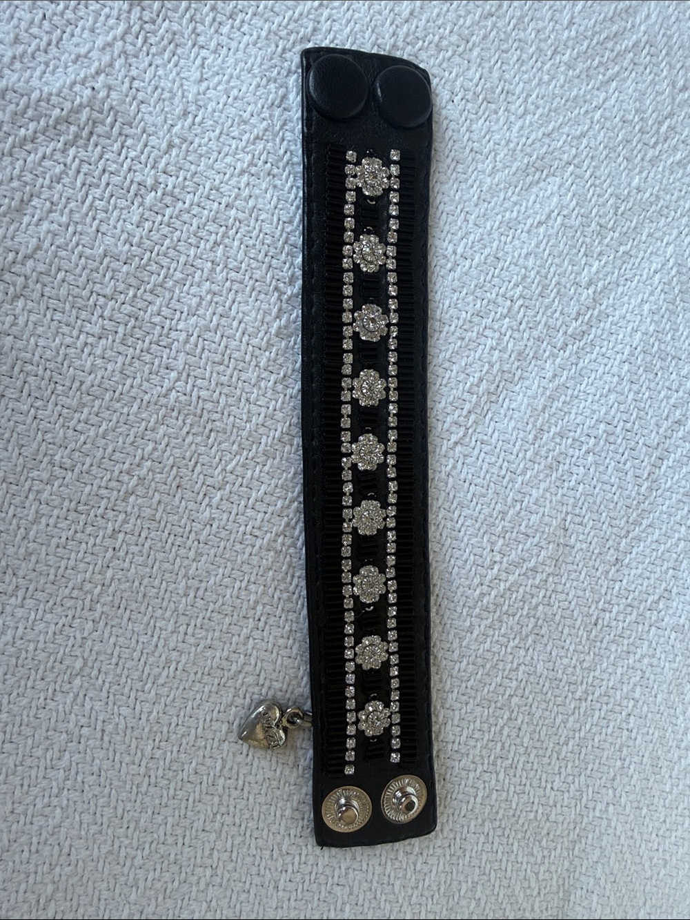 Black Leather Bracelet with Silver Crystal Flower Accents